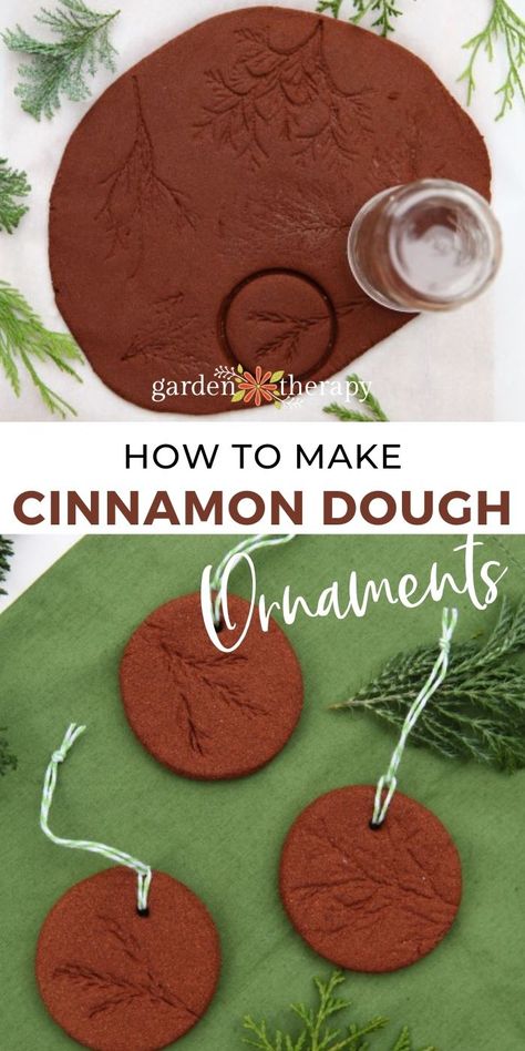 Can you imagine how sweet these cinnamon dough ornaments smell? Rich, dark brown ornaments imprinted with leaves and scented with apple and cinnamon couldn’t be a more suitable craft for the holidays! Cinnamon dough ornaments are very easy to make, and with a few tips you will have the perfect consistency of dough to transform into decoration. #gardentherapy #christmas #cinnamon #handmadegifts #ornaments Cinnamon Dough Ornaments, Cinnamon Dough, Navidad Natural, Cinnamon Ornaments, Dough Ornaments, Homemade Christmas Decorations, Natural Christmas, Sweet Smell, Homemade Christmas Gifts