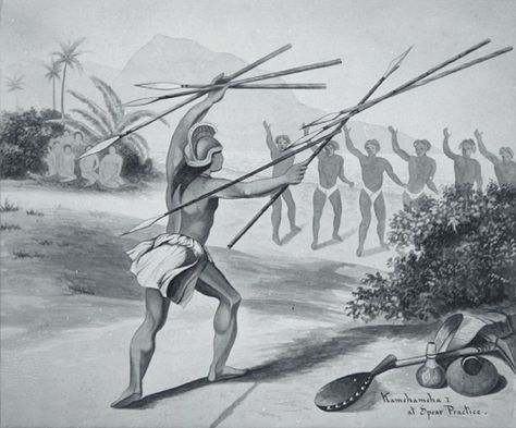 Kamehameha I at Spear Practice. ca. 1872. Unknown artist. Bishop Museum, Wash Drawing, Hawaiian History, Ink And Wash, Waimea Bay, King Kamehameha, South Pacific Islands, Hawaiian Art, Easter Island