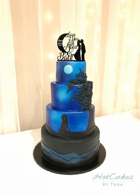 Love you to the Moon and Back  by HotCakes by Tara - http://cakesdecor.com/cakes/311011-love-you-to-the-moon-and-back Royal Blue And Black Wedding Cake, Love You To The Moon And Back Cake, Blue And Black Wedding Cake, Black And Blue Cake, Blue And Black Cake, Black And Royal Blue Wedding, Galaxy Wedding Cake, Blue And Black Wedding Theme, Black And Blue Wedding Theme