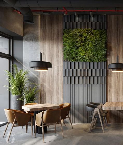 Restaurant Green Wall, Green Wall Ideas Interior Design, Instagramable Walls Cafe Modern, Office Cafeteria Design Modern, Small Van Life Interior, Casual Restaurant Interior Design, Small Van Life, Restaurant Interior Design Wood, Nordic Cafe