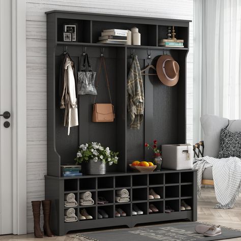 Hall Tree 60.13'' Wide with Bench and Shoe Storage Shoe Cubbies, Bench And Shoe Storage, Hall Tree With Bench, Entryway Hall Tree, Shoe Cubby, Entryway Coat Rack, Hallway Coat Rack, Modern Style Furniture, Hanger Home