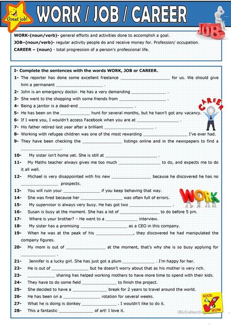 Work, job, career - English ESL Worksheets for distance learning and physical classrooms Career Quiz, Employability Skills, Vocational Skills, English Teaching Materials, Confusing Words, Teaching English Grammar, English Grammar Worksheets, Work Skills, Student Jobs