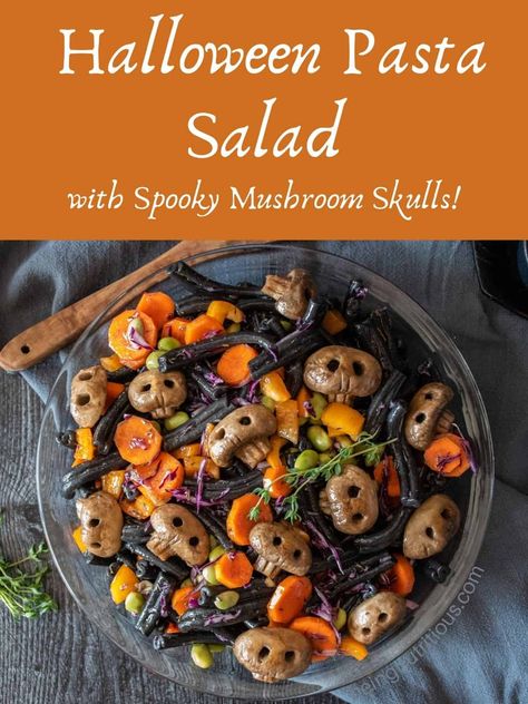 Halloween Pasta Salad will be a hit! Spooky mushroom skulls are so festive. Combines seasonal veggies, black pasta, and yummy fall flavors. Spooky Pasta Salad, Halloween Pasta Salad, Spooky Pasta, Spooky Mushrooms, October Meals, Spooky Mushroom, Black Pasta, Halloween Pasta, Seasonal Veggies