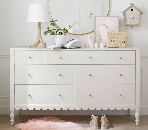 Penny Scallop Extra-Wide Dresser | Pottery Barn Kids Extra Wide Dresser, Wide Dresser, 7 Drawer Dresser, Kids Dressers, Simply White, Bedroom Furniture Dresser, Room Planner, Dresser Decor, Big Girl Rooms