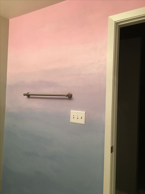 Sunset Bathroom Aesthetic, Sunset Painted Wall, Sunset Ceiling Paint, Sunset Wall Painting Bedrooms, Ombre Wall Paint Diy, Ombre Painting Ideas, Sunset Theme Bedroom, Sunset Wall Painting, Sunset Bathroom