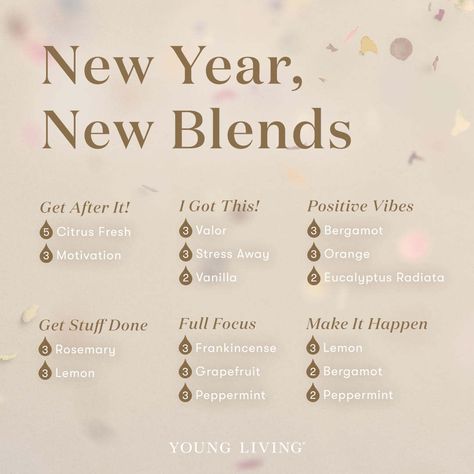 New year, new blends, and new you! Here are some essential oil diffuser blends to get you started for 2021! Get After It (Citrus Fresh, Motivation); I Got This (Valor, Stress Away, Vanilla); Positive Vibes (Bergamot, Orange, Eucalyptus Radiata); Get Stuff Done (Rosemary, Lemon); Full Focus (Frankincense, Grapefruit, Peppermint); and Make It Happen (Lemon, Bergamot, Peppermint). #newyear #aromatherapy #essentialoils #diffuserblends #youngliving #yleo Citrus Fresh Essential Oil, Diffuser Blends Young Living, Christmas Diffuser Blends, Young Living Oils Recipes, Essential Oils Focus, Young Living Diffuser, Doterra Diffuser Blends, Essential Oil Combinations, Essential Oil Diffuser Blends Recipes