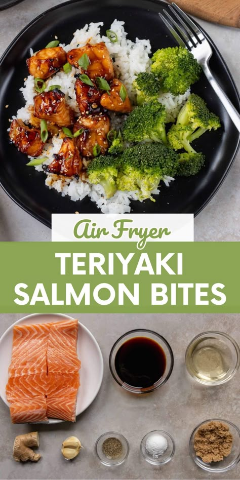 These Air Fryer Teriyaki Salmon Bites are a little sweet and very savory. I added my bites to a bowl of rice and broccoli. It's a meal I could eat every week. This is a healthy dinner the whole family will love. Air Fryer Salmon Rice Bowl Recipes, Salmon Rice Bowl Air Fryer, Air Fryer Salmon And Broccoli, Salmon Meal Prep Ideas Healthy, Teriyaki Salmon Bites Air Fryer, Teriyaki Salmon Air Fryer Recipes, Air Fryer Salmon Bowl, Salmon Bowl Air Fryer, Healthy Salmon Bites