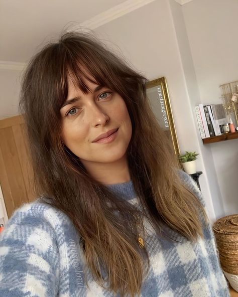 French Bangs Medium Hair, Scandinavian Hairstyles, Hair Marketing, Bottleneck Bangs, Dakota Johnson Bangs, Dakota Johnson Hair, Fringe Styles, Windows To The Soul, Lashes Mascara