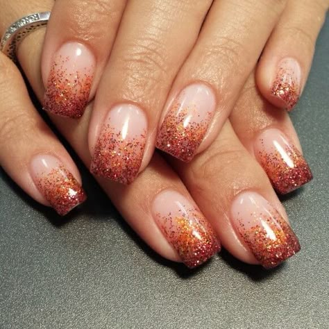 Fall Nail Ideas Gel French Tips, Fall Glitter Fade Nails, Fall Ombre Nails Ideas Acrylic, Fall Nails Ombre Glitter, Fall French Nails 2022, Fall Glitter French Tip Nails, Rust Nails Design Wedding, Fall Glitter Ombre Nails, Fall Nail Designs Ombre