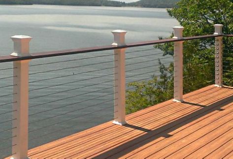 Delighted Wire Cable Deck Railings Deck Railing Styles, Railing Redo, Backyard Decking, Outdoor Composite Decking, Cottage Deck, Beach Stairs, Metal Deck Railing, Deck Railing Systems, Cable Railing Deck