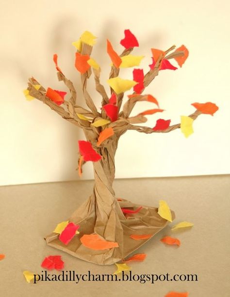 Paper bags can make all kinds of neat crafts. Here is a fall tree craft made from a paper bag. If you've got a lunch sized paper bag, glue and fall colored paper - you're set to go. Paper Bag Crafts, Fun Fall Crafts, Autumn Paper, Fall Tree, Fall Crafts For Kids, Autumn Crafts, Halloween Crafts For Kids, Seasonal Crafts, Fall Kids