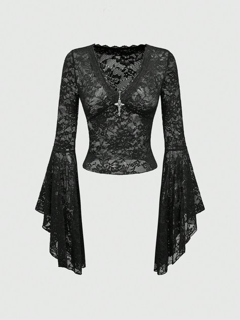 Cross Bead Decorated V-Neck Flare Sleeve Lace Bodysuit Black Sexy  Extra-Long Sleeve Knitted Fabric Plain  Medium Stretch  Women Clothing, size features are:Bust: ,Length: ,Sleeve Length: Purple Bell Sleeve Top, Black Lace Shawl, Casual Goth Outfits Women, Whimsigoth Shirt, Black Lace Top Outfit, Crochet Sleeve Top, Lace Bodysuit Outfit, Shirt With Long Sleeve, Gothic Casual