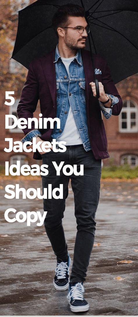 Denim Jacket Men Style, Blue Denim Jacket Outfit, Blue Jean Jacket Outfits, Suit Jacket With Jeans, Jean Jacket Outfits Men, Denim Jacket Men Outfit, Denim Jacket Outfit Ideas, Blue Jeans Outfit Men, Blue Jeans Outfit