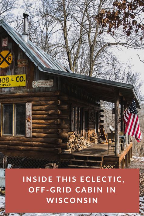 This eclectic, off-grid cabin in Wisconsin is packed with clever ideas. Plus, the full details on the cost, construction, and timeline! #cabin #homebuilding #rustic #offgrid #cozy Off Grid Log Cabin, Offgrid Home Cabin, The Squatter Cabin, Off Grid Cabins, Off Grid Cabin Ideas, Small Cabin Interiors Rustic Simple, Off Grid Cabin Interior, Eclectic Cabin, Off The Grid Cabin