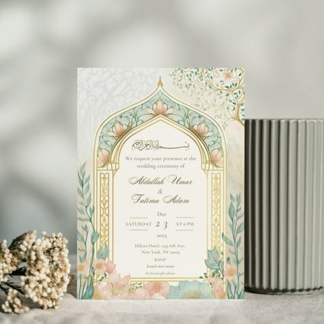 Islamic Wedding Invitation Card | Digital Nikaah Invite | Muslim Wedding Invitation Card | Editable Walimah Invitation Card | Barat Invite - This wedding invitation card presents a beautiful and elegant way to invite your family and friends to join you on your special day. The design is a stunning display of classic sophistication, featuring an intricate floral motif in shades of pastels set against a pristine cream background. - This invitation can be digitally sent via text or e-mail and can a Arabic Card Design, Dua E Khair Invitation Card, Islamic Card Design, Desi Wedding Invites, Pakistani Wedding Invitations Cards, Wedding Invitations Online Design, Islamic Invitation Card Design, Desi Wedding Invitations, Nikah Invitation Cards