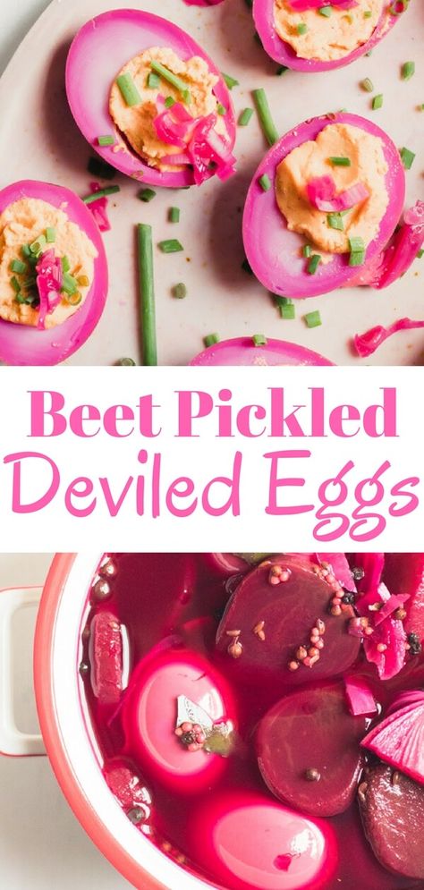 An easy delicious recipe for gorgeous beet pickled deviled eggs. Traditional pickled eggs turned into mouthwatering deviled eggs. The perfect healthy snack or delicious appetizer for a crowd. Pickle Deviled Eggs, Beet Pickled Eggs, Pickled Deviled Eggs Recipe, Appetizer For A Crowd, Pickled Deviled Eggs, Healthy Veggie, Pickled Eggs, Egg Dishes, Deviled Eggs Recipe