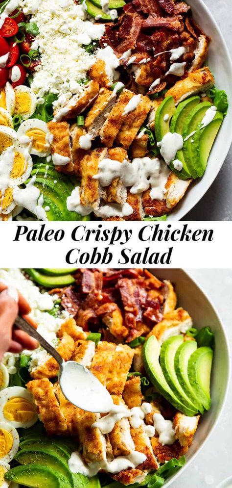 Homemade Garlic Ranch Dressing, Paleo Breaded Chicken, Garlic Ranch Dressing, Paleo Lunches, Chicken Cobb Salad, Crispy Chicken Salads, Garlic Ranch, Paleo Salads, Baked Bacon