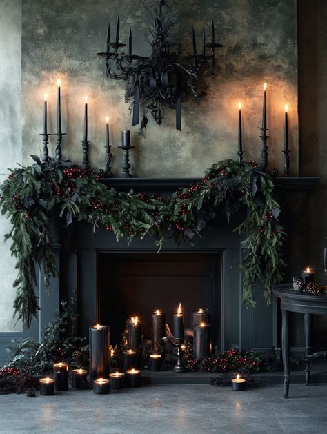 u1942658271_Dark_green_holiday_garlands_draped_over_a_firepla_c46ee80a-d470-410e-8382-c607ecbed3e6_0 Backlit Christmas Tree, Dark Romantic Christmas, Dark Moody Christmas Aesthetic, Spooky Christmas Decor, Diy Dark Christmas Decorations, Dark And Moody Christmas Decor, Magical Christmas Decor, Dark Moody Christmas Decor, Christmas Aesthetic Dark