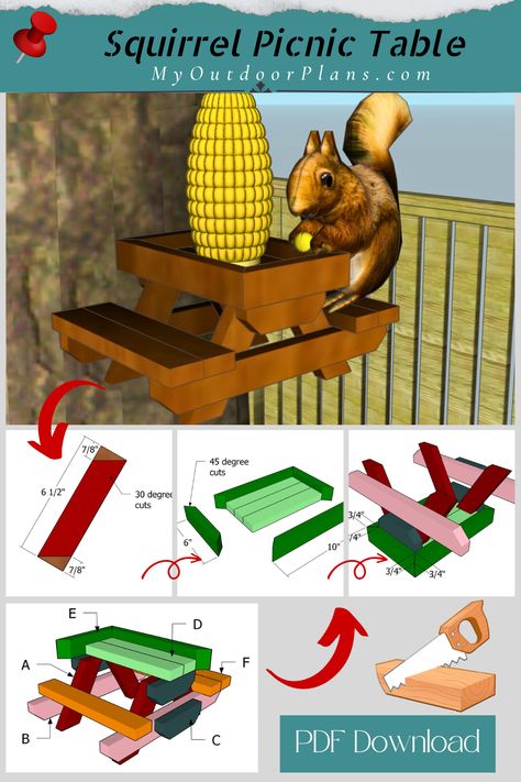 Squirrel Picnic Table – Free Plans | MyOutdoorPlans Squirrel Feeder Picnic Table, Wood Projects Outdoor, Squirrel Picnic Table Feeder, Squirrel Table, Squirrel Picnic Table, A Frame Chicken Coop, Goat Shelter, Bird Feeder Plans, Picnic Table Plans