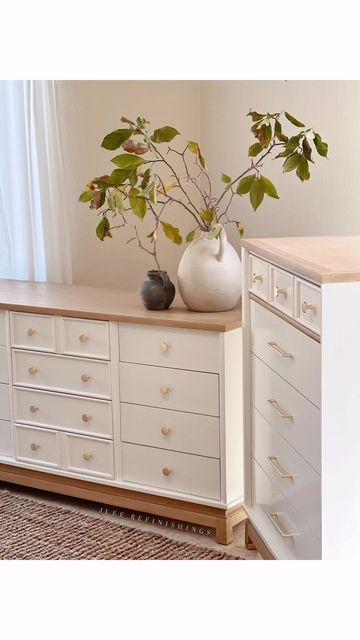 Beige Dresser Wood Top, Wood And White Nursery Furniture, White And Wood Dressers, White And Natural Dresser, White And Natural Wood Furniture, Wood And White Bedroom Furniture, White Bedroom Furniture With Gold Hardware, Light Brown Wood Furniture, White Furniture With Wood Top