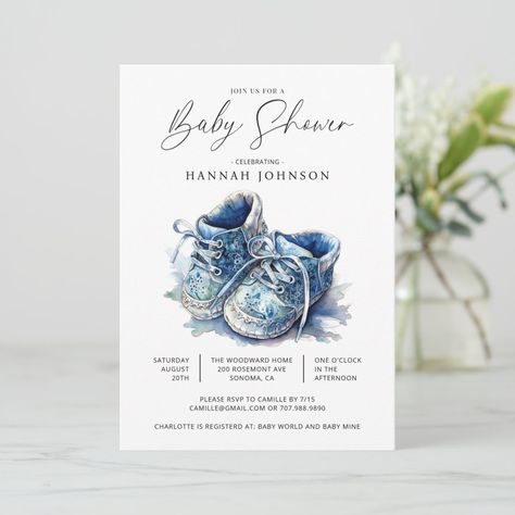 Blue Baby Shoes, Watercolor Minimal, February Baby Showers, Blue Baby Shower Invitations, Boy Shower Invitations, Baby Mine, Minimalist Baby, Baby Shower Guest Book, Modern Watercolor