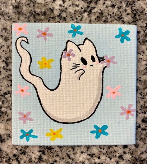 Lisa Frank Canvas Painting, Mini Easel Painting Ideas, Mini Spooky Paintings, Mini Acrylic Painting Ideas, How To Paint Different Flowers, Cat Ghost Painting, Ghost Cat Painting, Sibling Painting Ideas, Mini Canvas Art Halloween