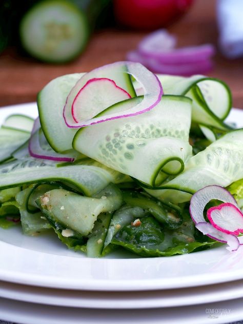 Parmesan Vinaigrette Dressing, Ripe Cucumber, Cucumber Ribbon Salad, Ribbon Salad, Cajun Chicken Alfredo, Pesto Dressing, Chef Salad, Date Night Recipes, Romaine Lettuce Salad