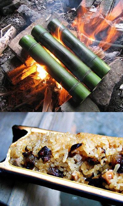 Ways To Cook Rice, Bamboo Food, Bamboo Rice, Food Presentation Plates, Bamboo Dishes, Cook Rice, Fire Inside, Easy Food Art, Fire Cooking