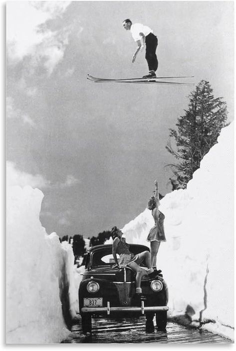 Amazon.com: Vintage Ski Jump Over Car and Girls Poster, Skier Jumps Girls Car Classic Black and white Print posters Poster Decorative Painting Canvas Wall Art Living Room Posters Bedroom Painting 16x24inch(40x60cm): Posters & Prints Vintage Ski Photos, Alta Utah, Old Skis, Ski Jump, Ski Culture, Vintage Ski Posters, Ski Jumper, Deep Snow, Spring Skiing