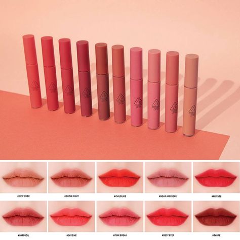 3ce velvet lip tint 3ce Lipstick, 3ce Makeup, 3ce Velvet Lip Tint, Bff Fashion, Korean Lip Tint, Velvet Lip Tint, Asian Makeup Looks, Lipstick Brush, Lipstick Palette