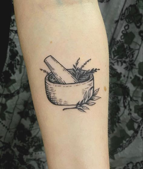 Healer Tattoo Ideas, Mortar And Pestle Tattoo, Herbology Tattoo, Herbalist Tattoo, Tea Leaves Tattoo, Healer Tattoo, Mason Jar Tattoo, Potion Bottle Tattoo, Herb Tattoo