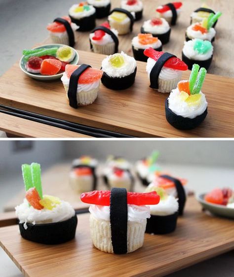 Birthday Cupcakes Ideas, Sushi Cupcakes, Candy Sushi, Dessert Sushi, Sushi Party, Cupcakes Ideas, Cute Desserts, Sushi Rolls, Birthday Cupcakes