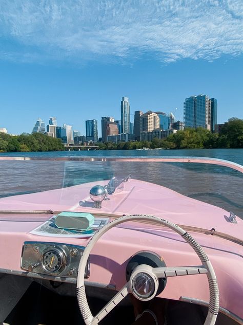 Pink Boat Aesthetic, Austin Aesthetic Pictures, Austin Tx Aesthetic, Austin Texas Aesthetic, Lake Summer Aesthetic, Austin Aesthetic, Book Locations, Bachelorette Locations, Austin Bucket List