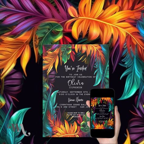 Havana Party Invitations, Rio Birthday Party Ideas, Tropical Neon Party, Contact Us Illustration, Tropical Wedding Theme Colors, Tropical Night Party, Bar Murals, Tropical Birthday Decorations, Rio Birthday Parties