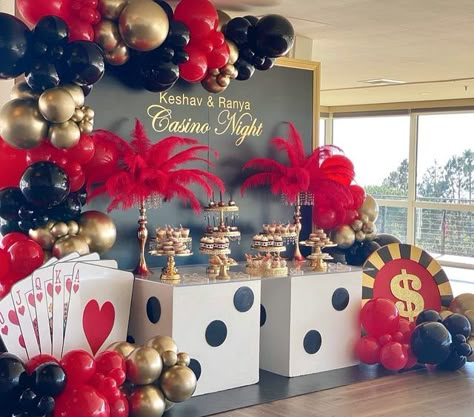 Iris Hinzo on Instagram: "Casino Night. You need it, we got it! Event Design, Dessert Table, Photo Backdrop, and Centerpieces by @bizziebeecreations || Balloons @styllupballoons || Casino Props @platinumprophouse || Decal and signage @meritsigncompany || Desserts @dipd_n_dripd || Venue @losverdesgcevents #casinonightparty #casinoparty #casinopartytheme #anniversaryparty #anniversary #desserttable #photobackground #centerpieces #casinocenterpieces #eventdesign #event #eventstyling #eventstylist # Casino Theme Centerpiece, Casino Theme Party Backdrops, Masquerade Casino Night, Casino Dessert Table Ideas, Casino Photo Backdrop, Poker Night Table Decor, Casino Backdrop Ideas, Outdoor Casino Night, Vegas Theme Table Decor