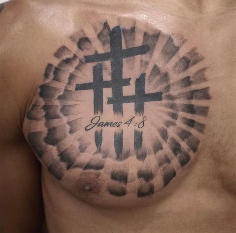 relegious chest piece by @hontattoostudio Cross In Clouds Tattoo, Chest Piece Tattoos Mens Clouds, Tattoo Sun Rays, One Side Chest Tattoo Men, Clouds And Sun Rays Tattoo, Sun Ray Tattoo, Triple Cross Tattoo, Tattoo With Sun, Golden Spiral Tattoo