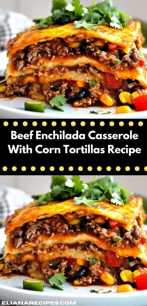 Need a quick beef dinner? This Beef Enchilada Casserole With Corn Tortillas is not only simple to make, but it's also bursting with flavor, making it a go-to option for busy weeknights. Layered Mexican Tortilla Casserole, Corn Tortilla Enchilada Casserole, Simple Enchilada Casserole, Quick Enchilada Recipe, Mexican Casseroles Using Ground Beef, Beef Enchilada Casserole Corn Tortillas, Corn Tortilla Meals, Meals With Corn Tortillas, Enchilada Corn Tortilla