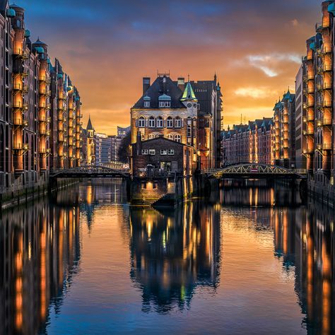 Sunset in the famous Speicherstadt in Hamburg, Germany Germany Hamburg, Glass Print, Let Her Go, Hamburg Germany, Places Around The World, Most Beautiful Places, Vacation Trips, Beautiful Destinations, Art Poster