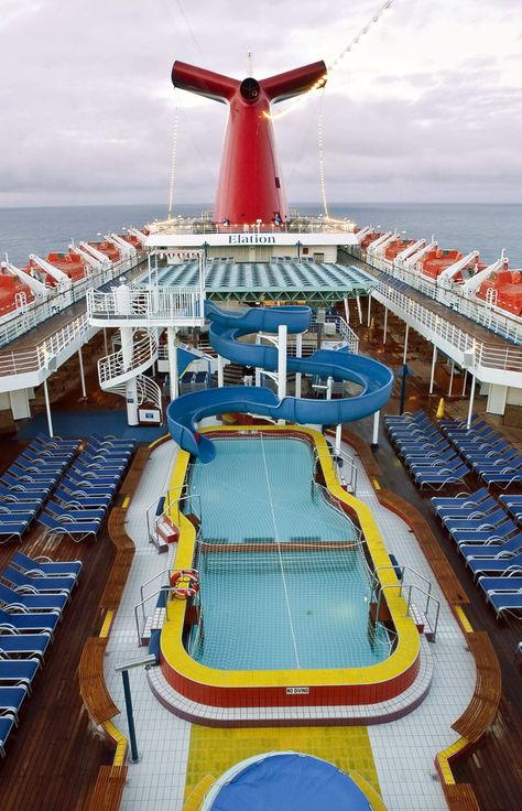 Carnival Elation cruise from Jacksonville. Pool and water slide on the top deck. Carnival Elation Cruise, Carnival Elation, Carnival Liberty, Carnival Inspiration, Bahamas Honeymoon, Carnival Ships, Singles Cruise, First Cruise, Amazing Beaches