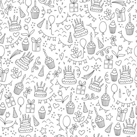 Happy Birthday Doodles, Paper Patterns Design, Printable Wrapping Paper, Birthday Pattern, Hand Drawn Doodles, White Scrapbook, Birthday Doodle, Happy Birthday Png, Party Icon