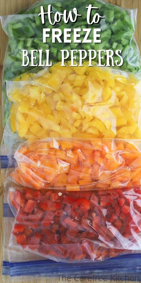 This easy guide on How to Freeze Bell Peppers will help you save money, reduce waste, and give you a head start on all sorts of recipes. Frozen peppers are perfect for using in soups, stews, casseroles, and more. #thecarefreekitchen #howto #stepbystep #mealprep #bellpeppers #vegetables Freeze Bell Peppers, Freezing Green Peppers, Canning Bell Peppers, Freezing Food Guide, Healthy Stuffed Bell Peppers, Freezing Bell Peppers, Freezing Peppers, Freezing Vegetables, Canned Potatoes