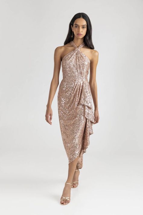 Rose Gold Sequin Triana Dress Rose Gold Cocktail Dress, Cocktail Dress Style, Rose Gold Dress, Rose Gold Sequin, Draped Skirt, Midi Cocktail Dress, Gold Sequin, Halter Neck, Sleeveless Formal Dress