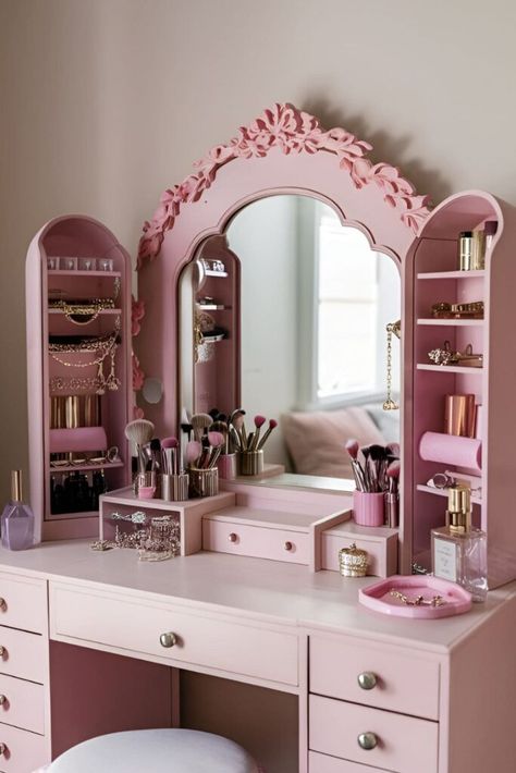 20 Must-See Exclusive Girly Bedroom Ideas To Try Right Now! Vanity Nook, Sleek Wardrobe, Ux Design Mobile, Pink Vanity, Pink Neon Sign, Upholstered Walls, Vanity Room, Cozy Reading Nook, Room Decor Bedroom