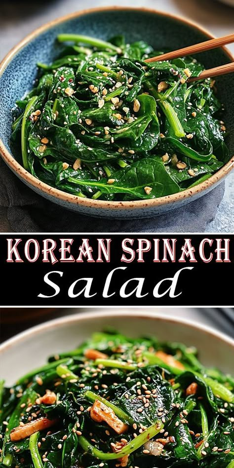 🍃 Try this simple Korean Spinach Salad recipe that combines fresh greens with a savory sesame dressing. A healthy and tasty way to explore Korean cuisine at home! 🌟 #HealthyKoreanFood #SpinachLove #VegetarianRecipes Korean Salad Dressing, Korean Sides, Korean Veggies, Korean Spinach, Korean Vegetarian Recipes, Japanese Spinach, Fresh Spinach Recipes, Korean Salad, Healthy Korean Recipes