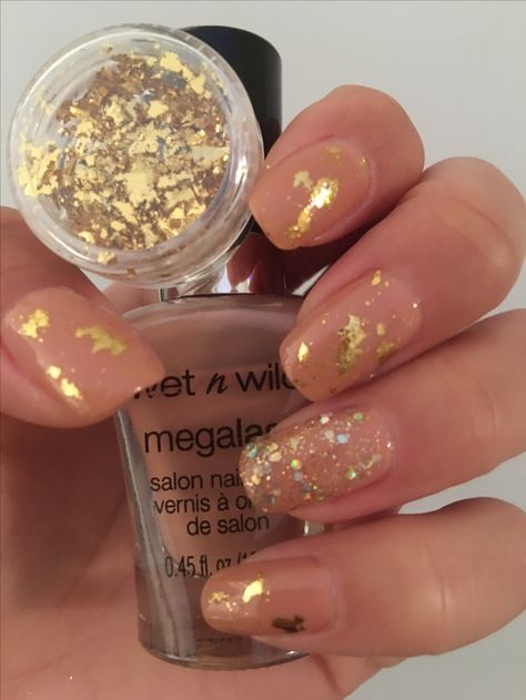 Nude wet n wild nail polish in the color Private Viewing also gold flakes added Clear With Gold Flakes Nails, Metallic Flake Nails, Nails With Gold Flakes Short, Brown Nails With Gold, Nails Gold Flakes, Gold Flake Nails, Gold Leaf Nails, Nails With Gold Flakes, Nail Polish Art Designs