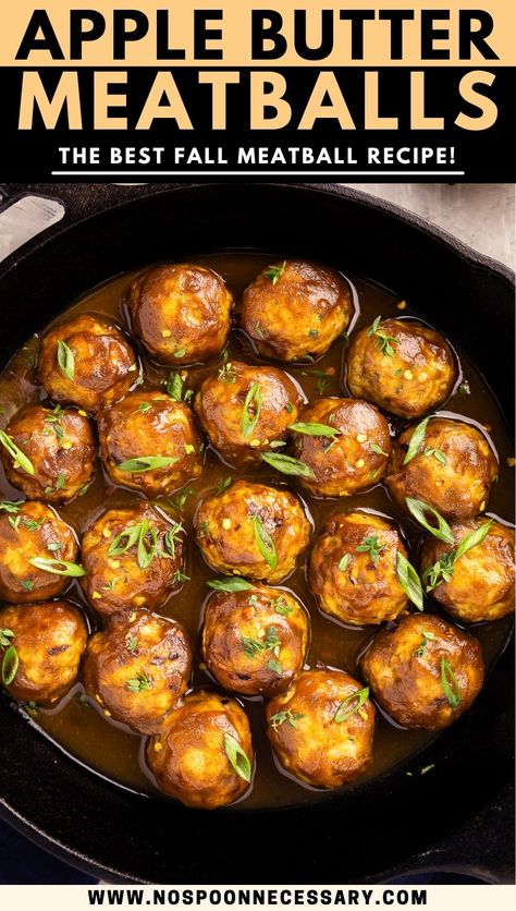 Overhead photo of apple butter glazed chicken meatballs in a black cast iron skillet. Fall Meatballs, Apple Meatballs, Chicken Meatball Recipe, Meatballs Recipes, Chicken Meatball, Chicken Apple, Apple Butter Recipe, Chicken Meatball Recipes, Butter Glaze