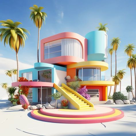 Aesthetic House Exterior, 80s House, Disney Minimalist, Googie Architecture, Restaurant Design Inspiration, Midcentury Architecture, Building Modern, Colorful House, Architecture Blueprints