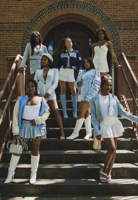 Selah And The Spades Outfits, Divine 9 Photoshoot, Black Sorority Girl Aesthetic, Group Photoshoot Black Women, Spelman College Founders Day, Spelman Founders Day, Spelman Outfit, Spelman Founders Day Outfit, Outside Editorial Photoshoot