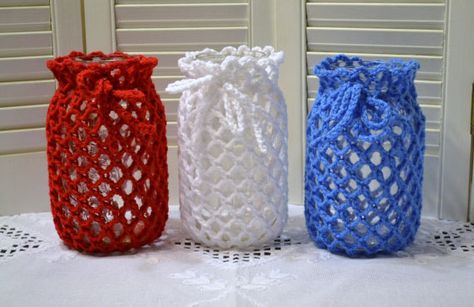 Crochet Candle Holder Luminaire Lantern Mason by LittlestSister Crochet Candle Holder, Crochet Candle, Crochet Jar Covers, Mason Jar Cozy, Jar Covers, Blue Flower Vase, Crochet Decoration, Christmas Crochet Patterns, Crochet Rug