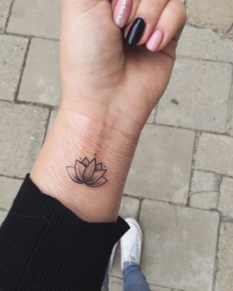 Small Lotus Flower Tattoo Wrist Simple, Mini Lotus Flower Tattoo, Lotus Flower Wrist Tattoo, Lotus Wrist Tattoo, Lotus Flower Tattoo Wrist, Black Lotus Tattoo, Above Elbow Tattoo, Wrist Tatoo, Small Lotus Flower Tattoo